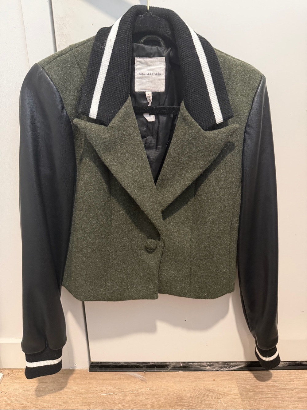 Avec Les Filles Olive Green and Black Mixed-Media Cropped Varsity Jacket